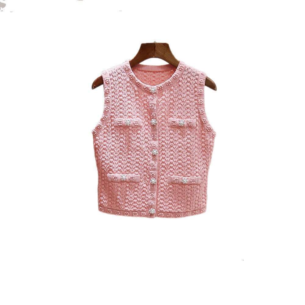 2026 high-end women's spring and summer French niche pink bead hollow single breasted vest knitted sweater