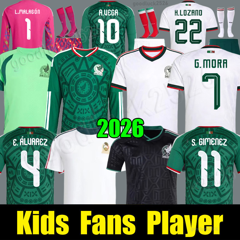 2026 World Cup Mexico Jersey RAUL GIMENEZ Soccer Jerseys 26 27 ALVAREZ LOZANO H.LOZANO VASQUEZ Football Shirts Men Kids kits Uniforms Fans Player Green Long sleeves