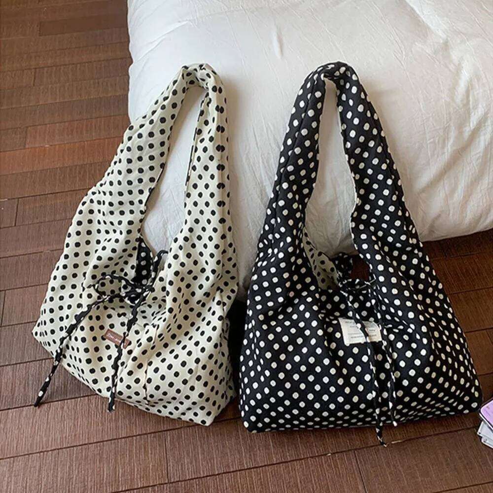 Casual Simple Polka Dots Handbag, Korean Double-Sided Shoulder Bag, Fashionable Large Capacity Commuting Tote Bag XJ260306