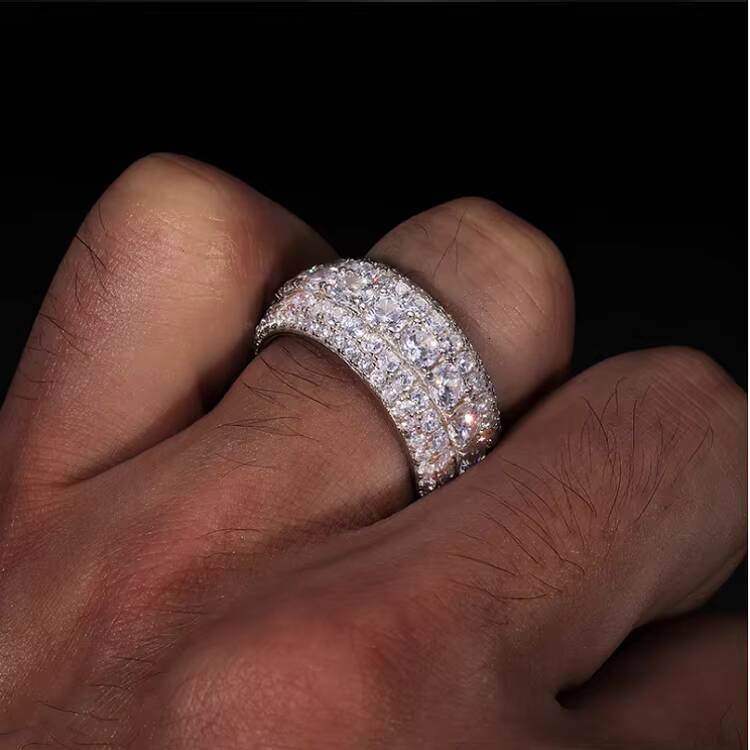 Iced Out Hip Hop 925 Silver Pass Diamond Tester 5 Rows VVS Moissanite GRA Rapper Dazzling Sparkly Eternity Band Ring for Men