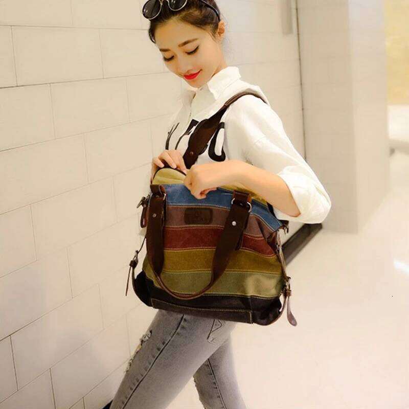 Canvas Totes, Striped Women's Handbag, Patchwork Rainbow Shoulder Bag, Fashion Female Casual Crossbody Bag XJ260306