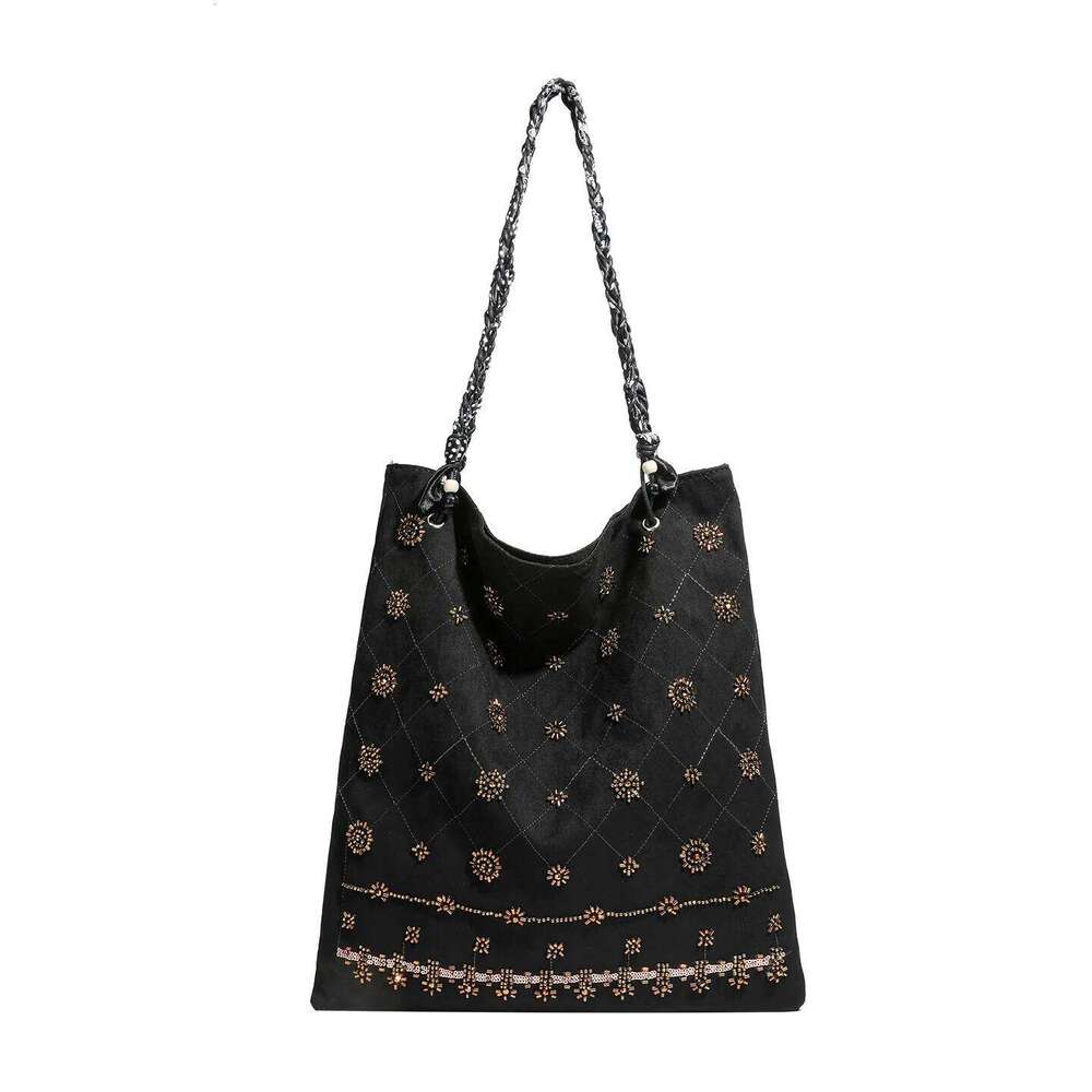 2025 Suede Single Shoulder Ethnic Style Commuting with Ribbon Splicing and Large Capacity Tote Bag XJ260306