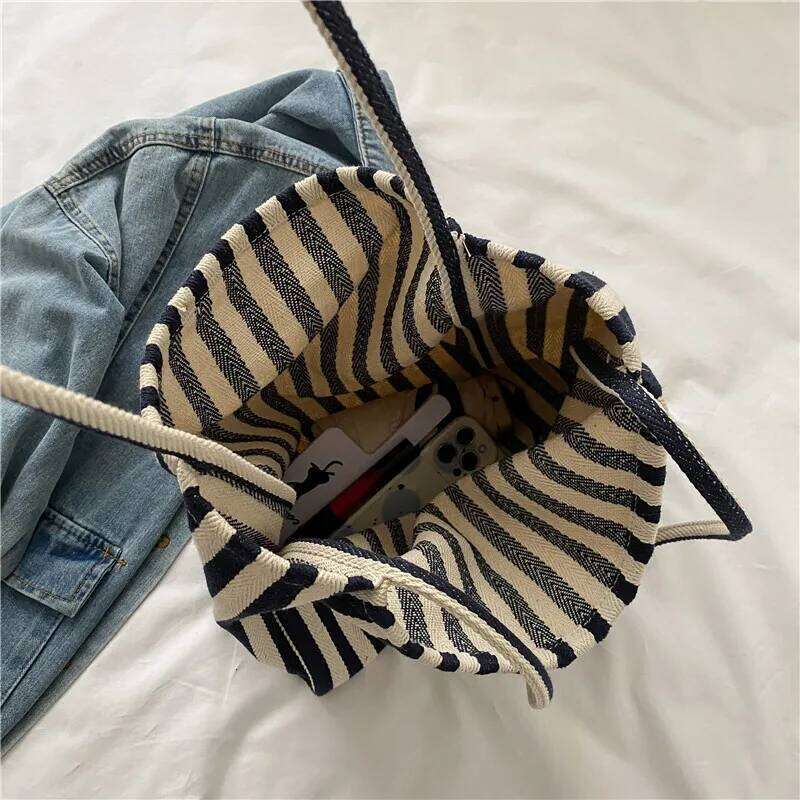 Female Casual Multifunctional Travel Top-handle Handbag Large Capacity Canvas Women Shopper Tote Simple Striped Shoulder Bag2025 XJ260306