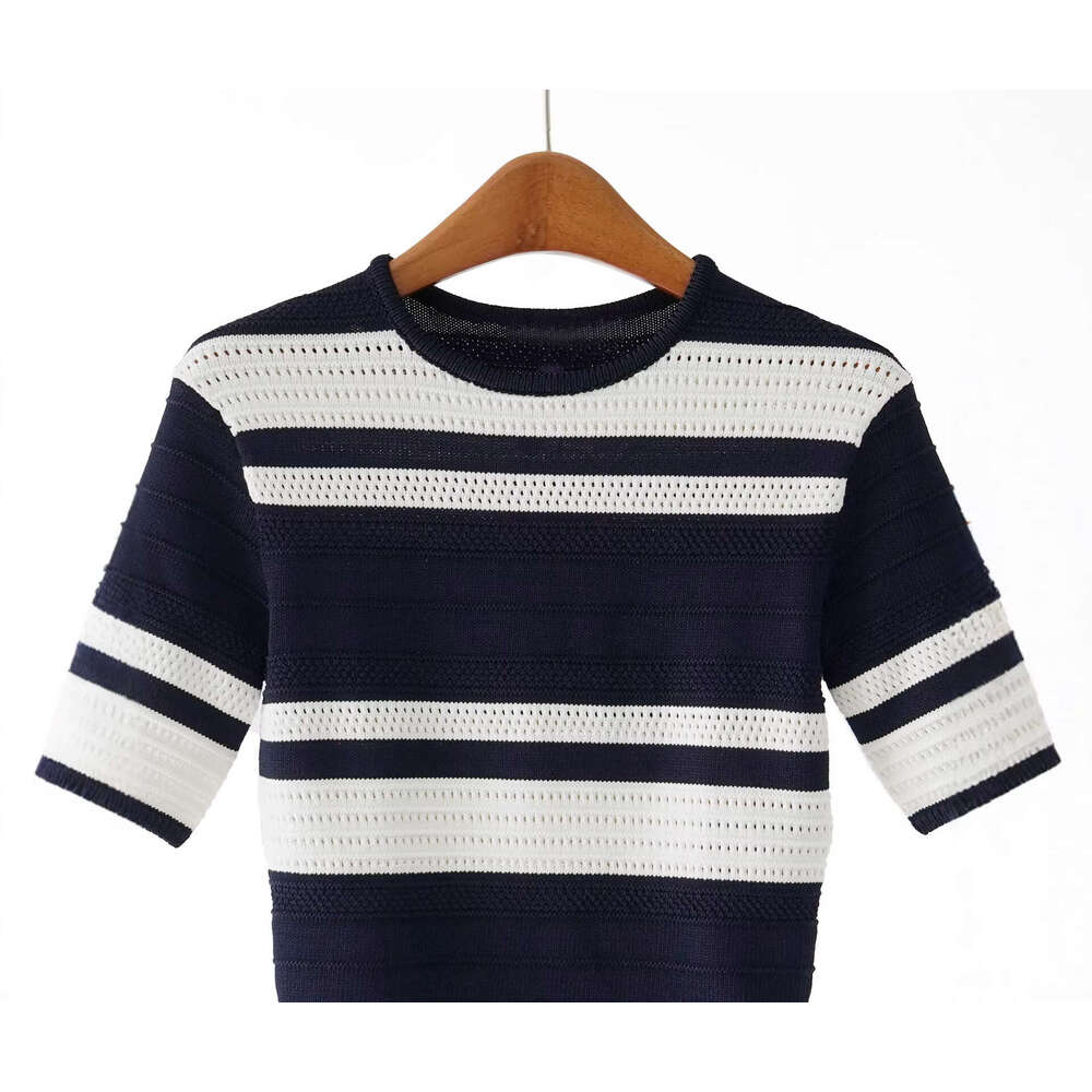 2026 Spring and Summer New Designer Multi functional Color Block Striped Round Neck Short Sleeve Knitted Top