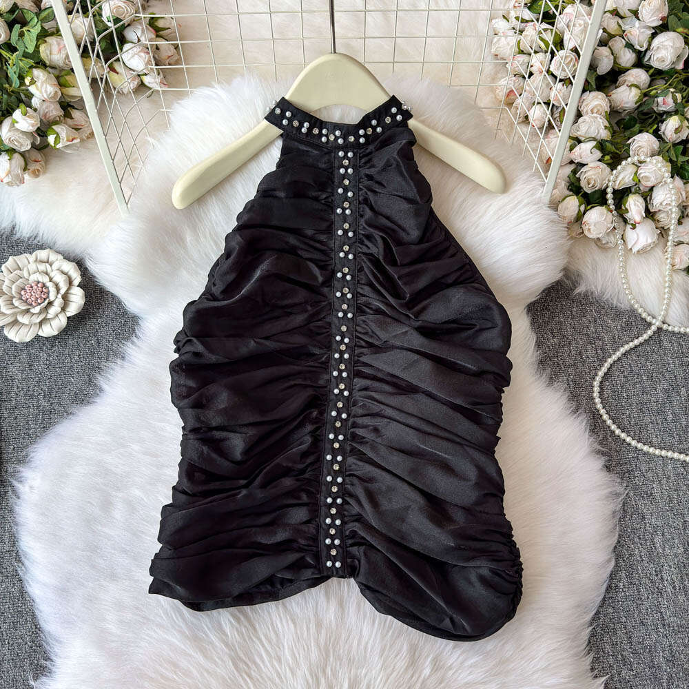 2026 European and American sexy hot A13 girl style off shoulder beaded off shoulder vest for spring and summer social celebrities slim fit top