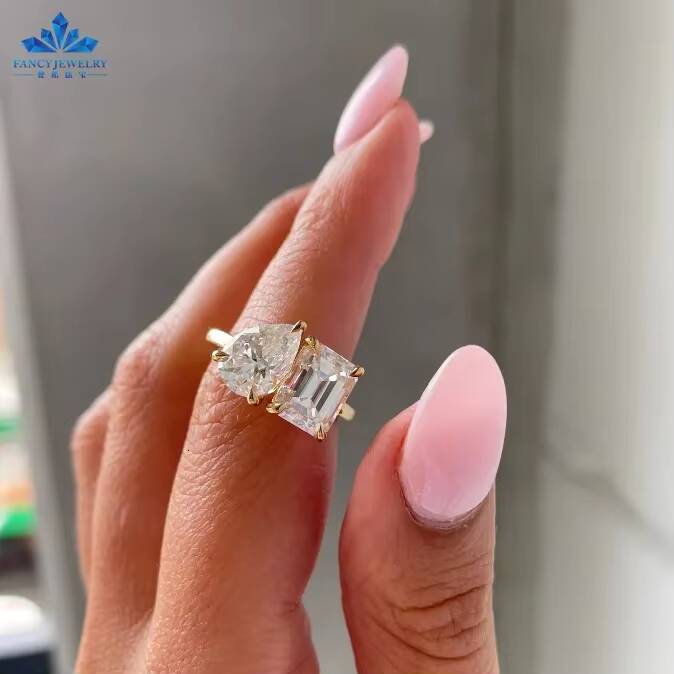 Toi Et Moi Emerald Cut 7x9mm and Pear Cut 7x10mm Engagement Ring 14k Yellow Gold Moissanite Ring With GRA Certificate
