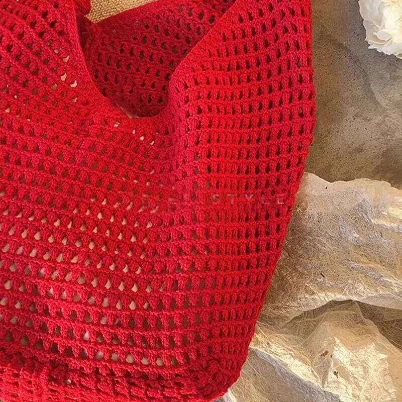 Women's Large Capacity Knitting Shoulder Solid Crochet Tote Handbag Mesh Beach Hobo for Summer Underarm Bag XJ260306