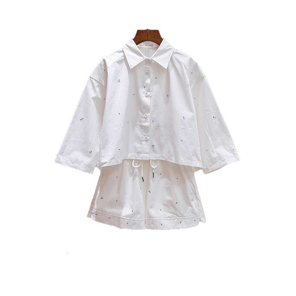 2026 Spring and Summer New French Heavy Beaded Irregular Collar Shirt Top A-line Wide Leg Shorts Set