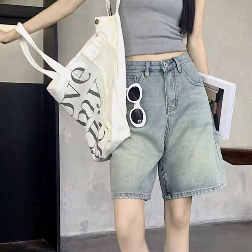 Pants Side Pockets Vintage High Waist Denim Shorts for Women Wide Leg Streetwear Jeans with Button Closure Zipper XJ260306