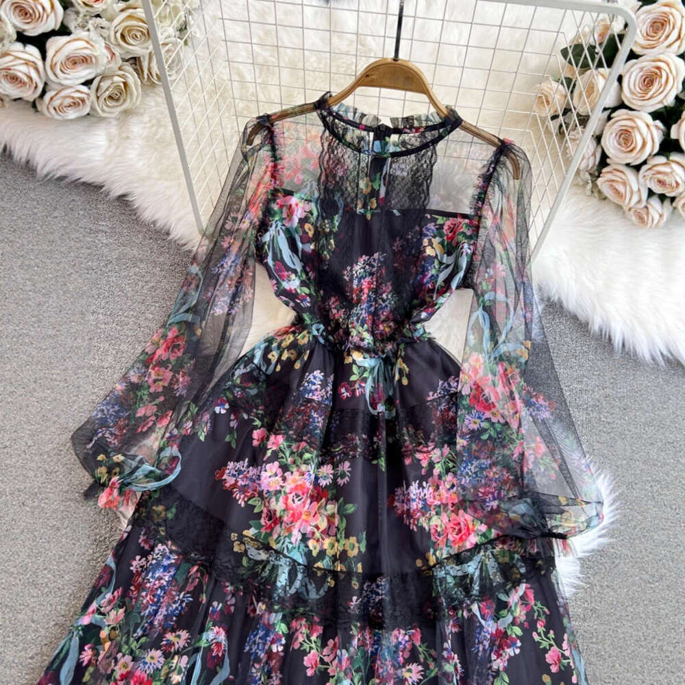 2026 spring A12 and autumn high-end elegant long sleeved round neck waist slimming A-line mesh printed dress