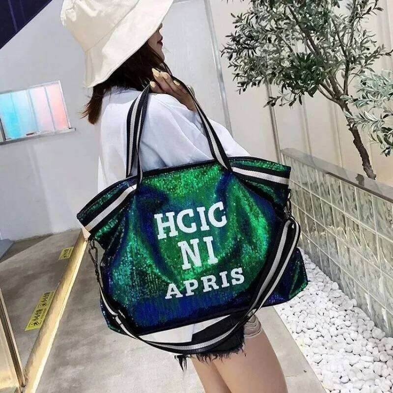 Fashionable Glitter Sequined Shoulder Bag, Large-capacity Women's Large Travel Handbag, Letter-printed Crossbody Bag XJ260306