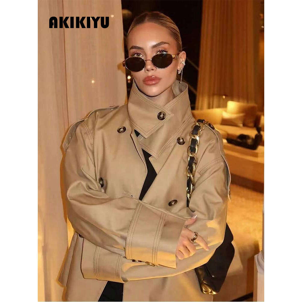 Women's Khaki Stand Collar Double Breasted Trench Coat - Long Sleeve Streetwear Jacket With Pockets, Fashion Outerwear AKIKIYU