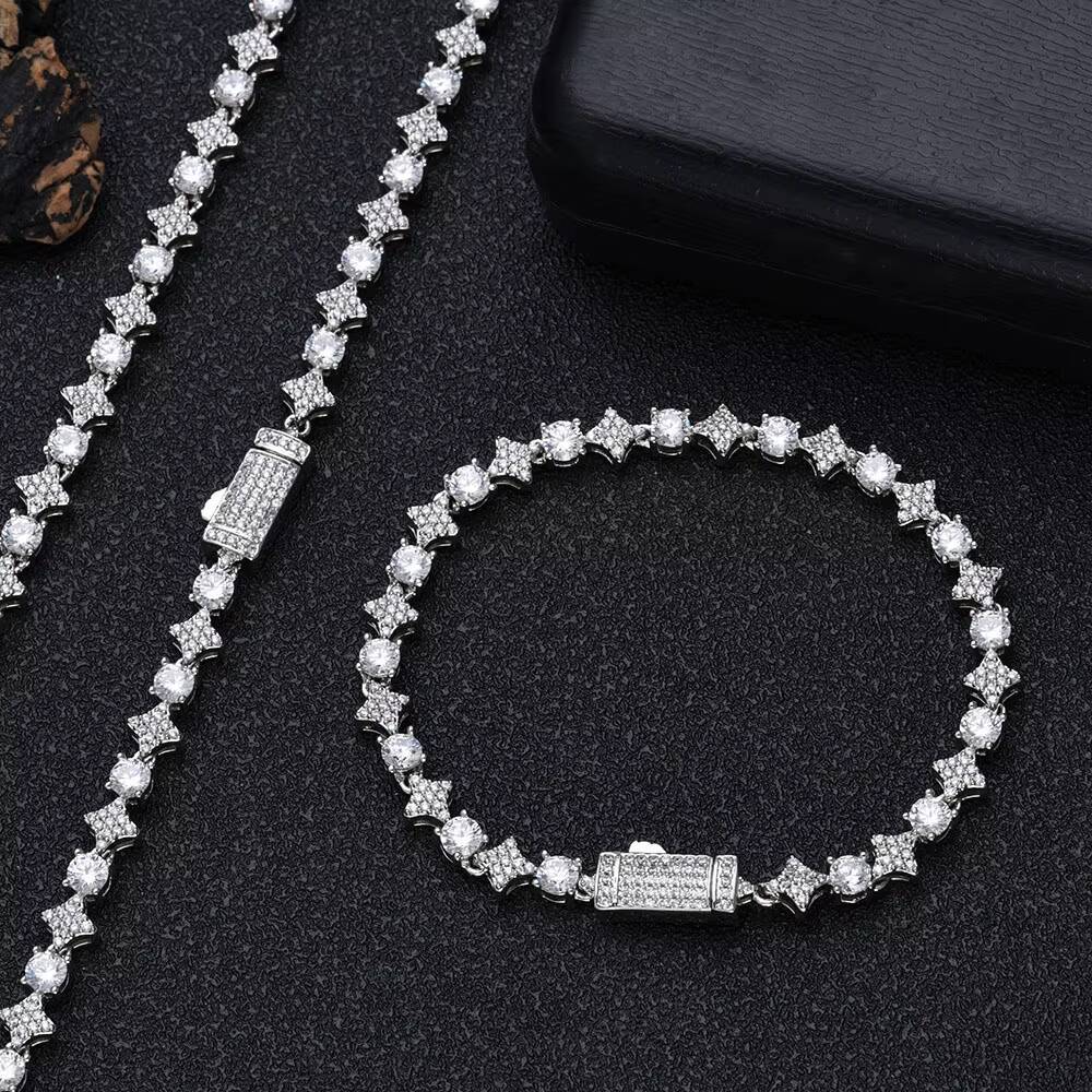 NUOYA 6mm Sparkling Diamond Tennis Chain Hip Hop Jewelry Iced Out Spring Clasp Round Zircon Star Tennis Chain Necklace for Gift