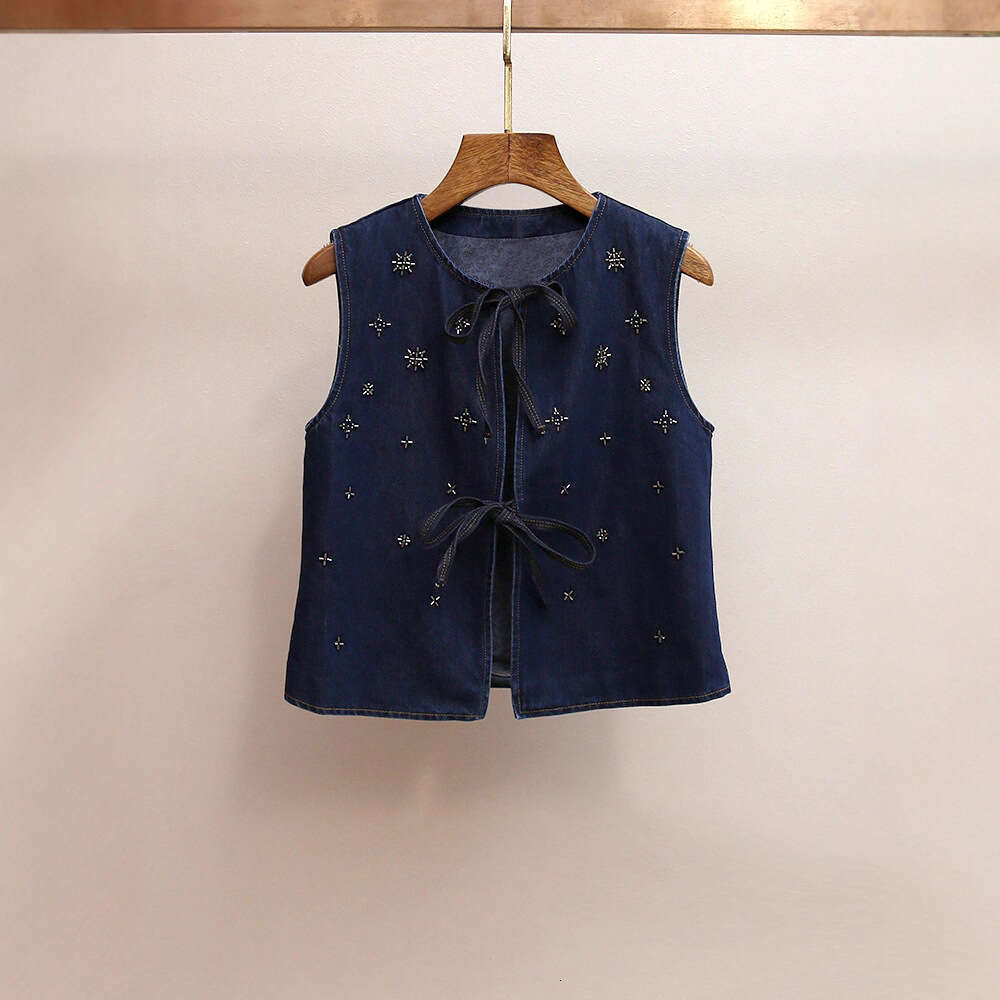 2026 Designer High end Women's Autumn New Era Shrink Bead Tank Top A-line Wide Leg Pants Cowboy Two Piece Set