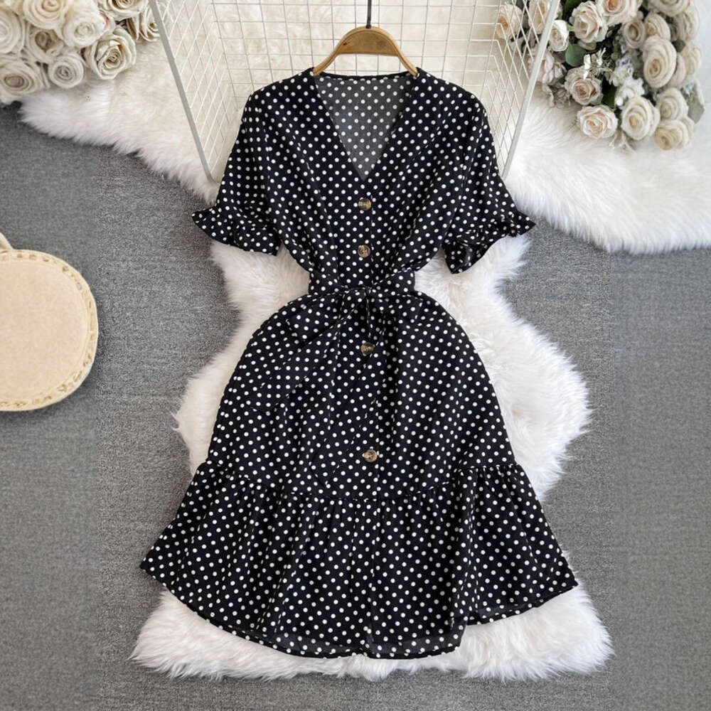 2026 Designer Elegant Women's Short sleeved V-neck Slimming Strap up Single breasted A-line Folded Wave Point Dress