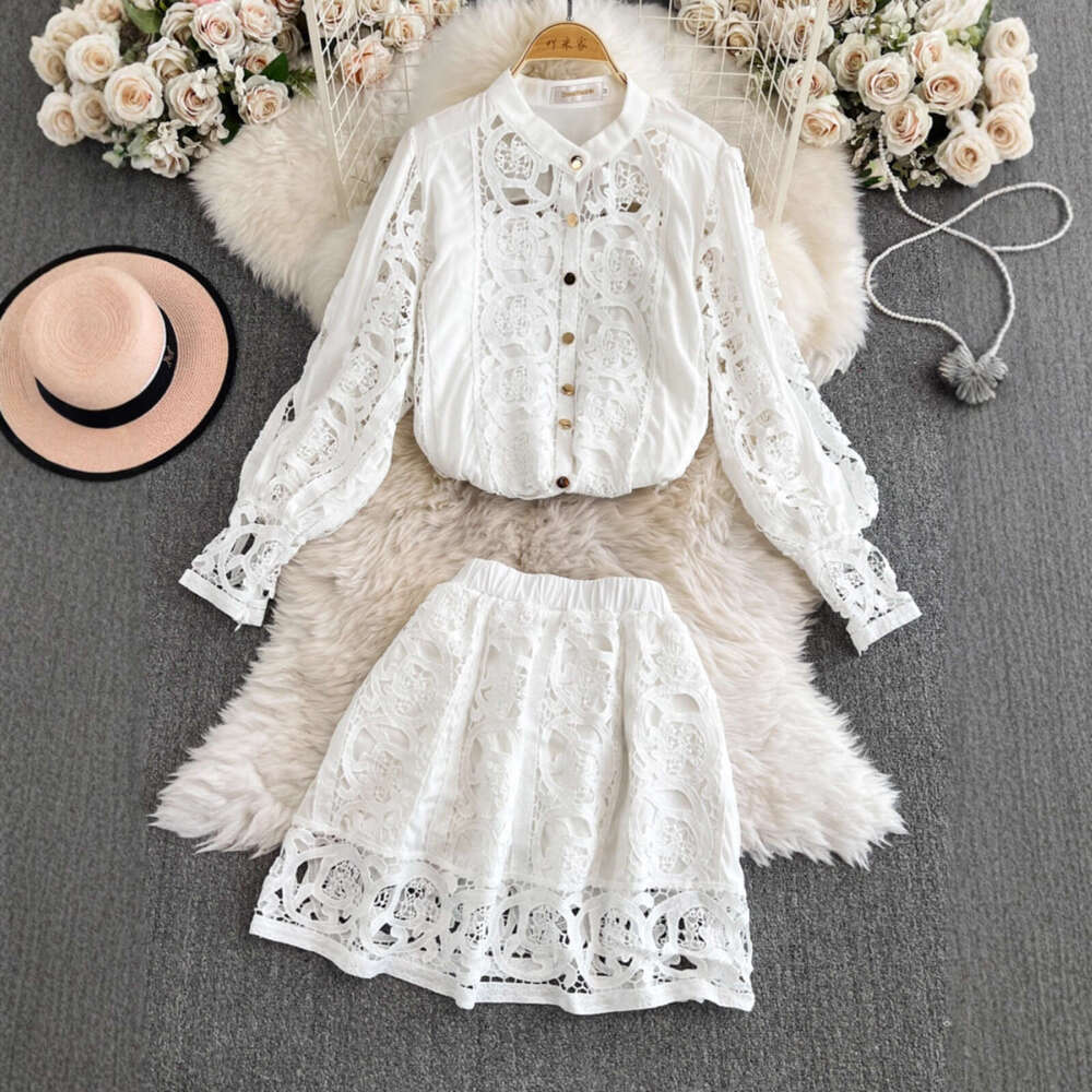 Designer's palace style heavy embroidery hollow out A13 long sleeved shirt top and high waisted short skirt fashionable casual lace