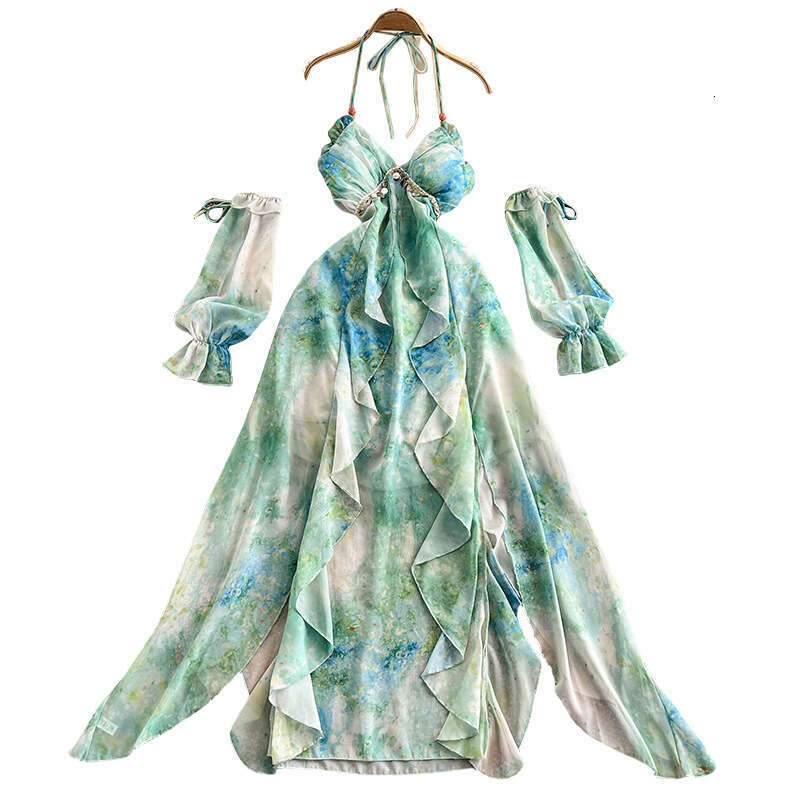 Designer vacation style tie dye sleeveless sexy backless dress, elegant and charming in summer, with an asymmetrical waist like fairy