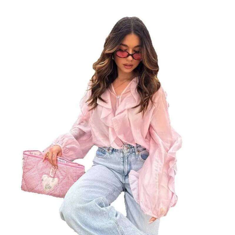 Spring 2026 Elegant V-Neck Blouse Single-Breasted Long Sleeves Laminated Decorative Solid 2Color Shirt Women Clothes AKIKIYU