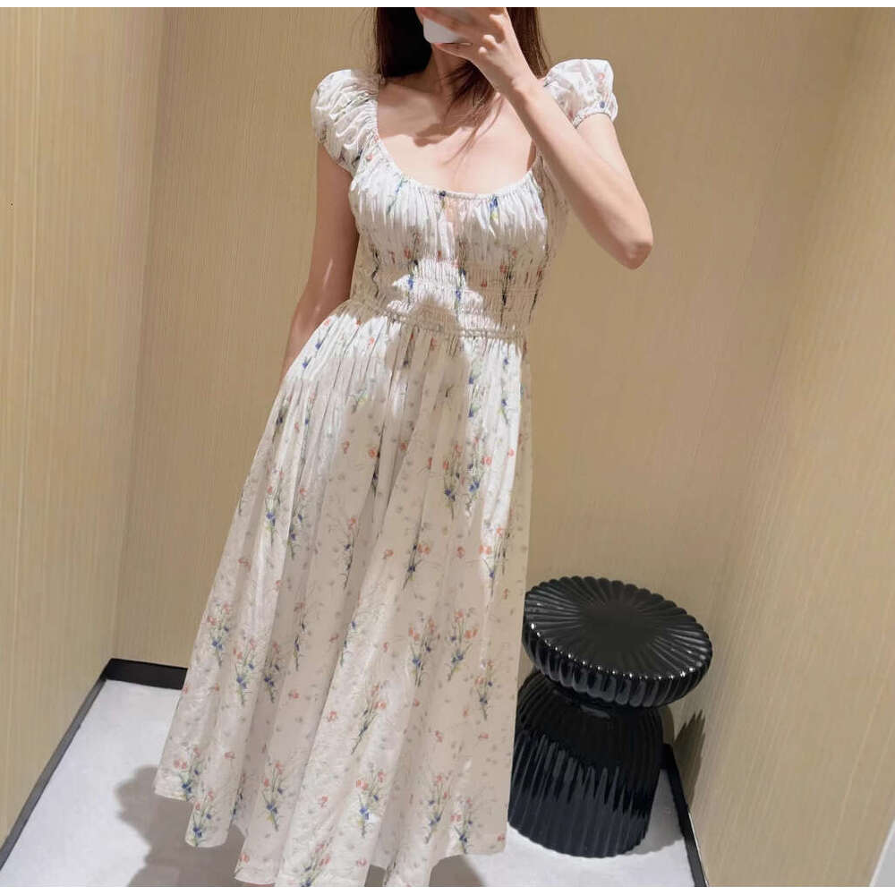 2026 Spring/Summer New Designer Women's Romantic Printed Bubble Sleeves Round Neck Drawstring Waist Skirt