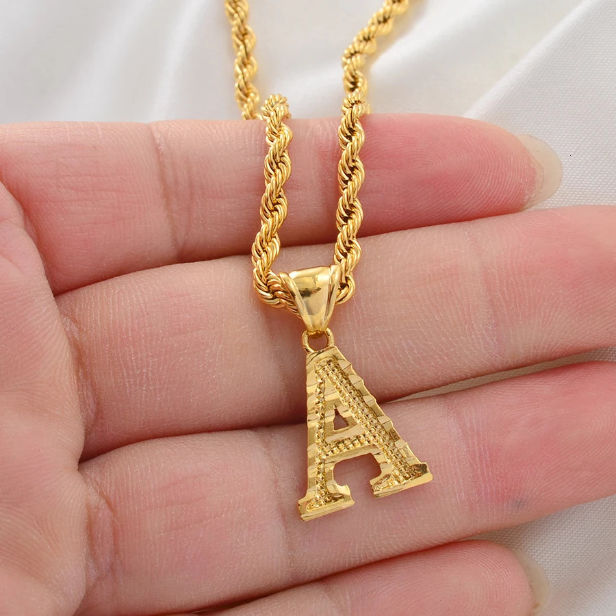 Anniyo A-Z Letters Necklace Men Gold Plated Initial Pendant Rope Chain English Letter Jewelry Alphabet African 058002B 260302 - view 5