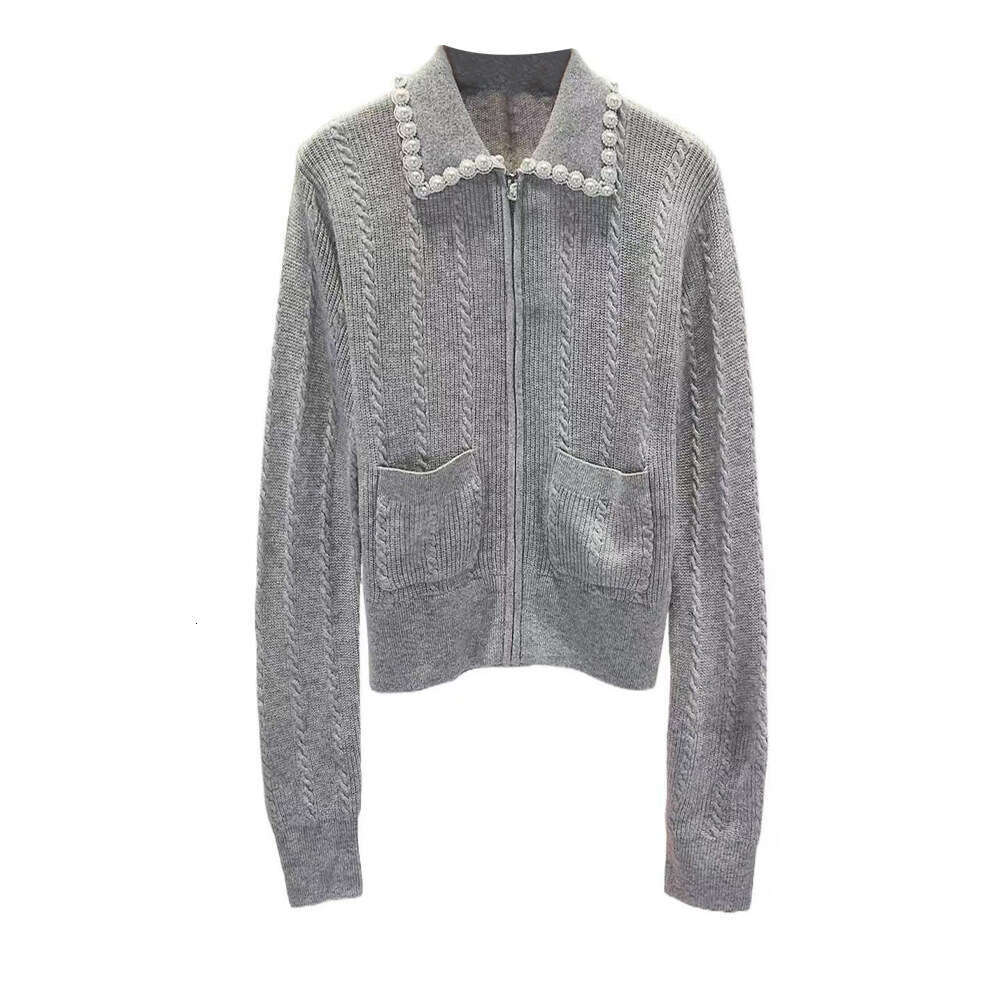 a20 2026 autumn and winter new women's pearl embellished lapel gray elegant temperament commuting short knitted cardigan