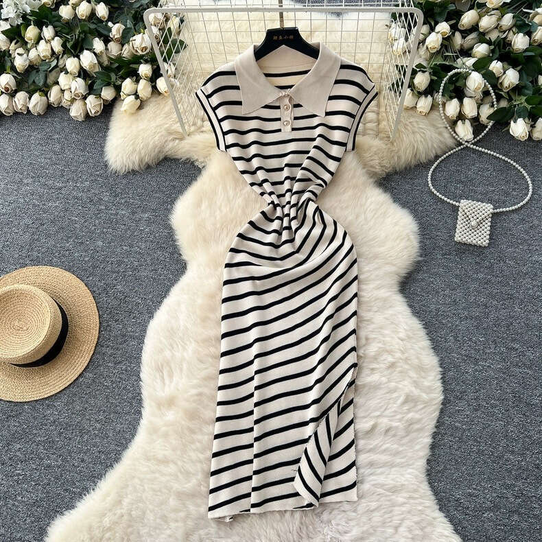2026 Korean Fashion A12 Summer New High end Retro Polo Collar Sleeveless Waist Slimming Slant Striped Knitted Dress