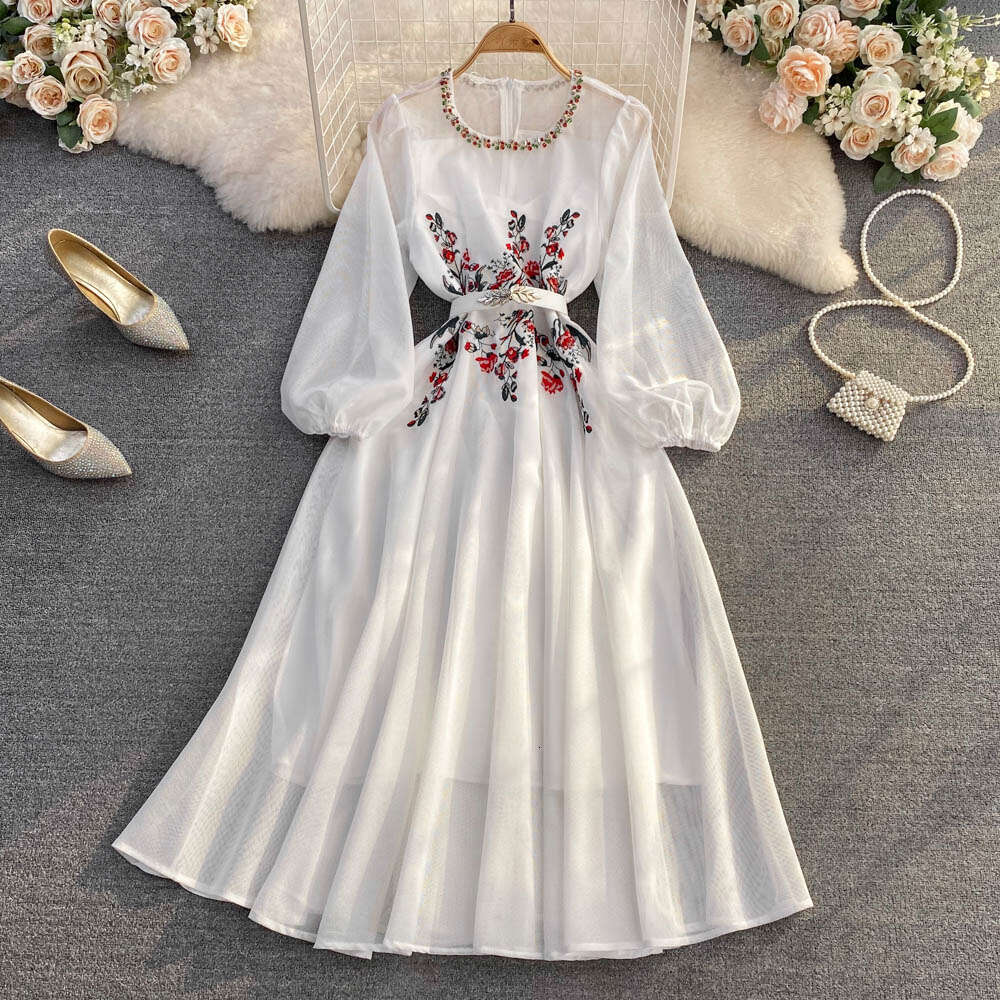 2026 high-end luxury style round neck dress with rhinestone fluffy A15 long sleeved waist and slim fit A-line design, wide hem