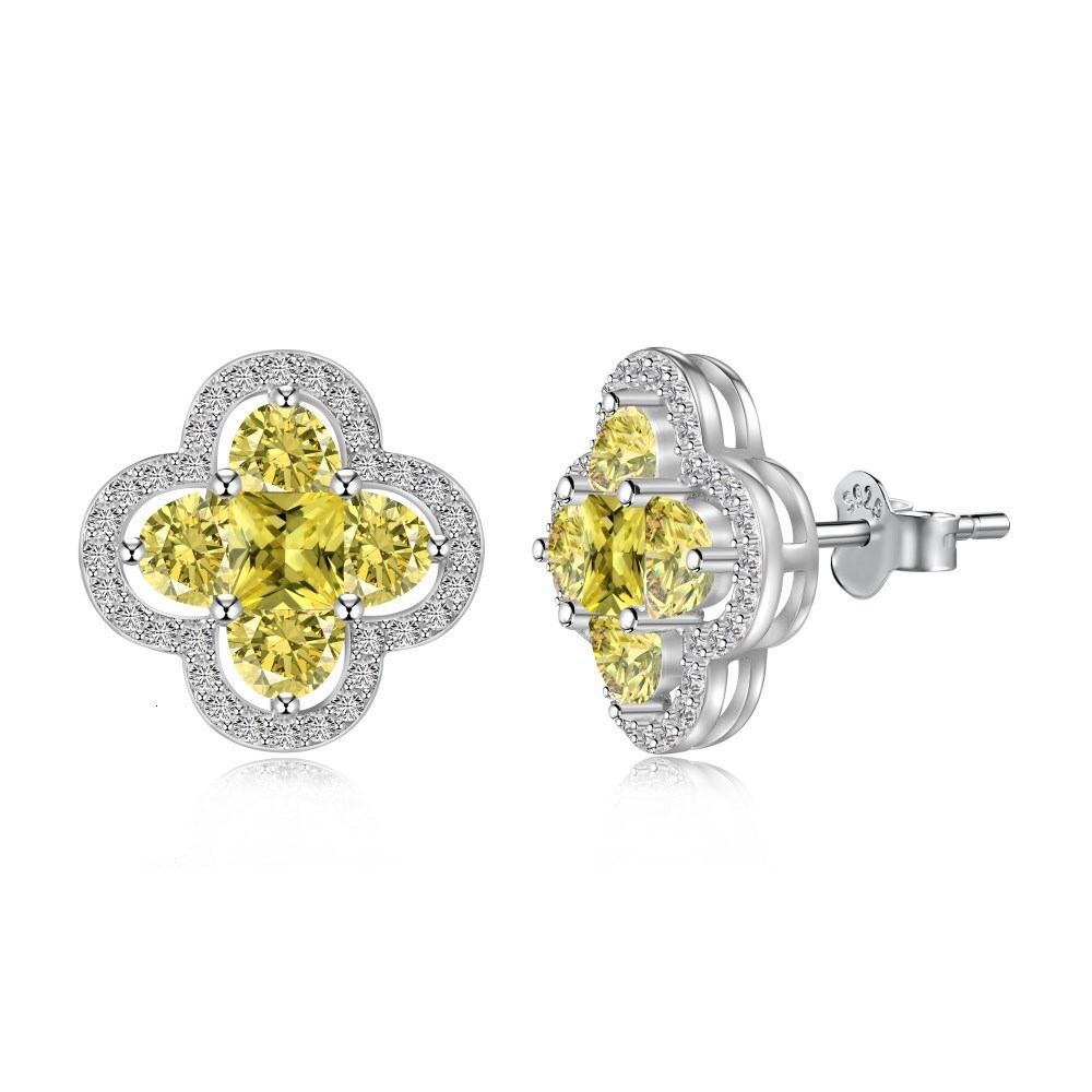 designer New S925 Sterling Silver Necklace Ring Earrings for Women Full Diamond Zircon Yellow Diamond Four-Leaf Clover Jewelry