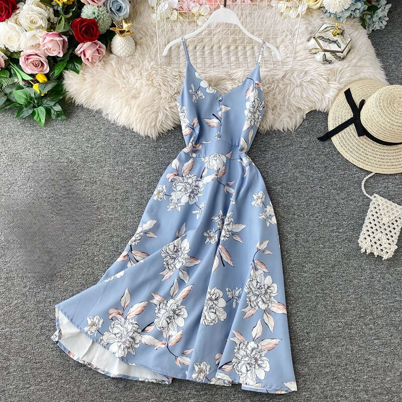 2026 designer backless V-neck camisole super elf like seaside vacation beach dress summer long skirt