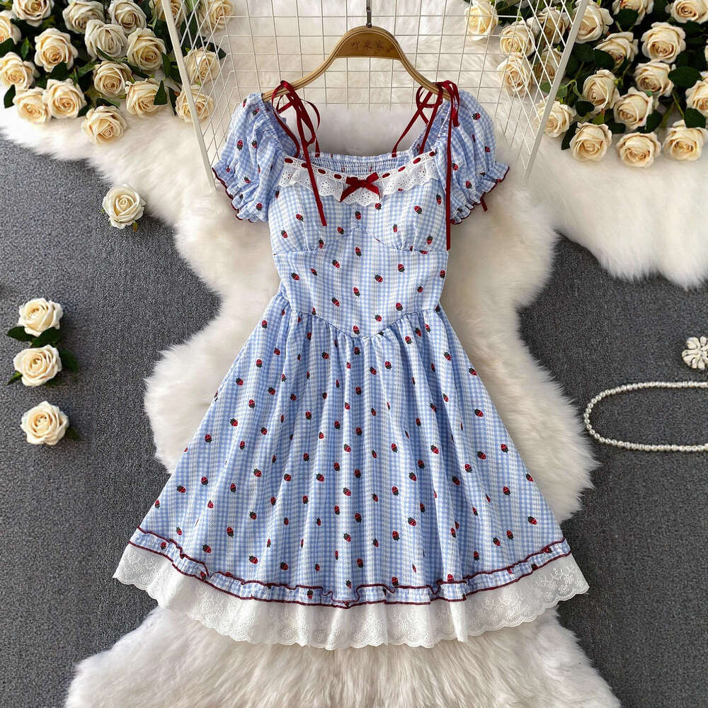 2026 Designer Women's French Plaid Sweet Lace Bordered Square Neck Bubble Sleeves Summer Butterfly End Waist Slimming Dress