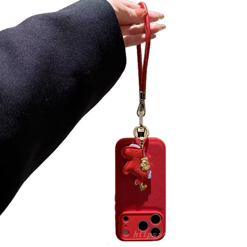 New Year Red Little Golden Horse Compatible iPhone 17 Max Phone Case Apple 16/15 Pro Lychee Pattern 14 with Lanyard