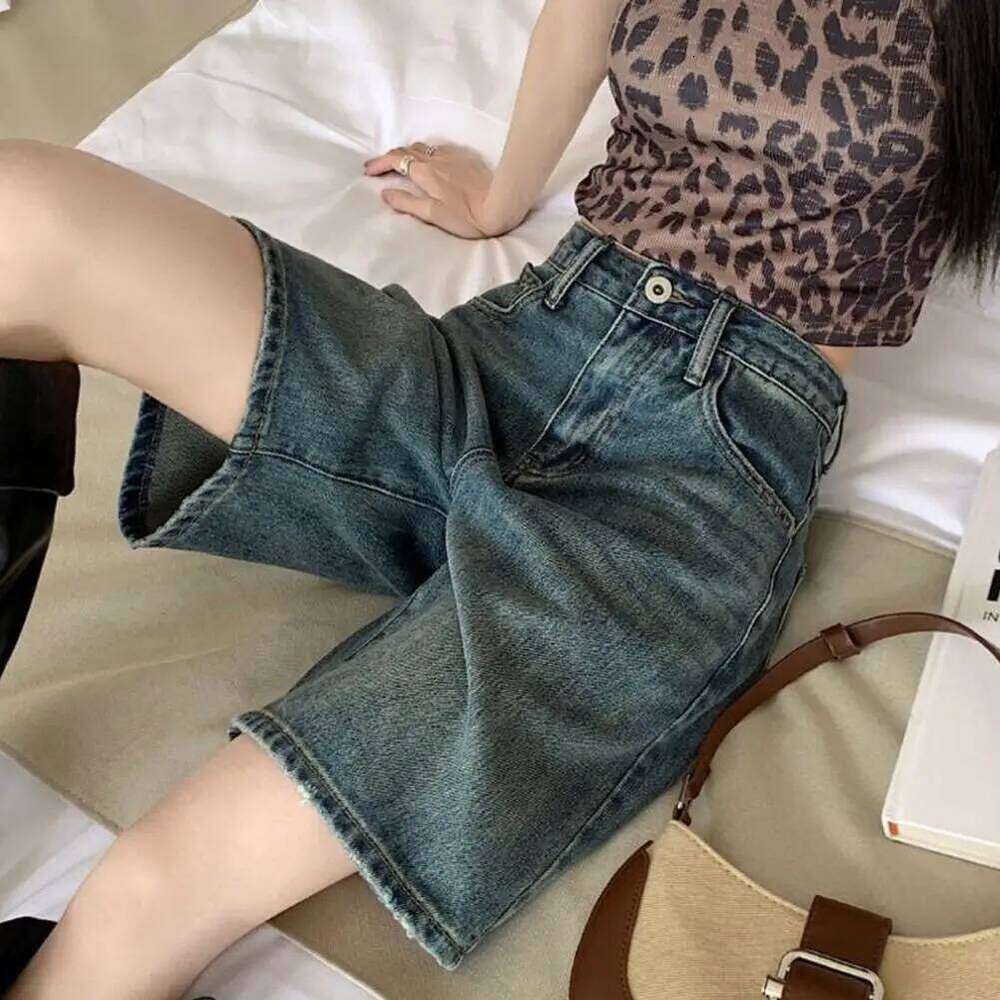 Pants Side Pockets Vintage High Waist Denim Shorts for Women Wide Leg Streetwear Jeans with Button Closure Zipper XJ260306