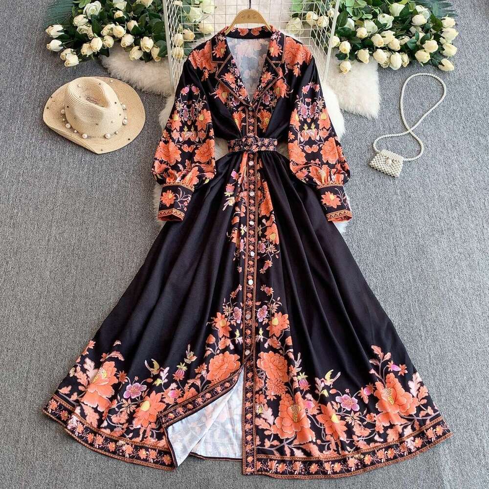 French retro printed dress for women, standing collar with lantern sleeves, spring and autumn with pearl buttons, tie waist, slim fit effect, big hem 