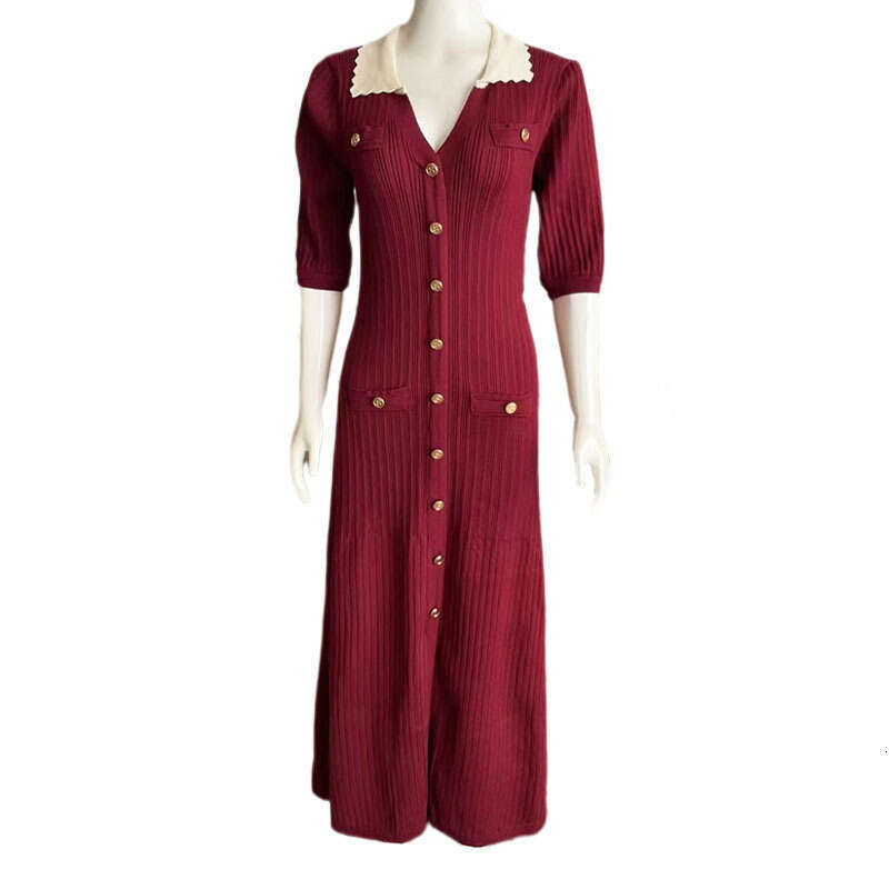 2026 New V-neck Knitted Fluffy Sleeve Waist Strap Mermaid Long with Slit and Flip Collar Elegant Dress