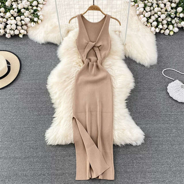 2026 spring and summer new sexy vest slim fit backless sleeveless mid length slit knit tight fitting dress