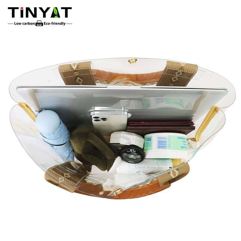 TINYAT Khaki Bohemian Style Clear PVC Tote Bag Women, Transparent Shopper Clutch Purse for Daily Use and Music Festivals XJ260306