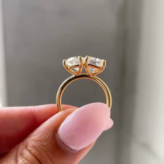Toi Et Moi Emerald Cut 7x9mm and Pear Cut 7x10mm Engagement Ring 14k Yellow Gold Moissanite Ring With GRA Certificate