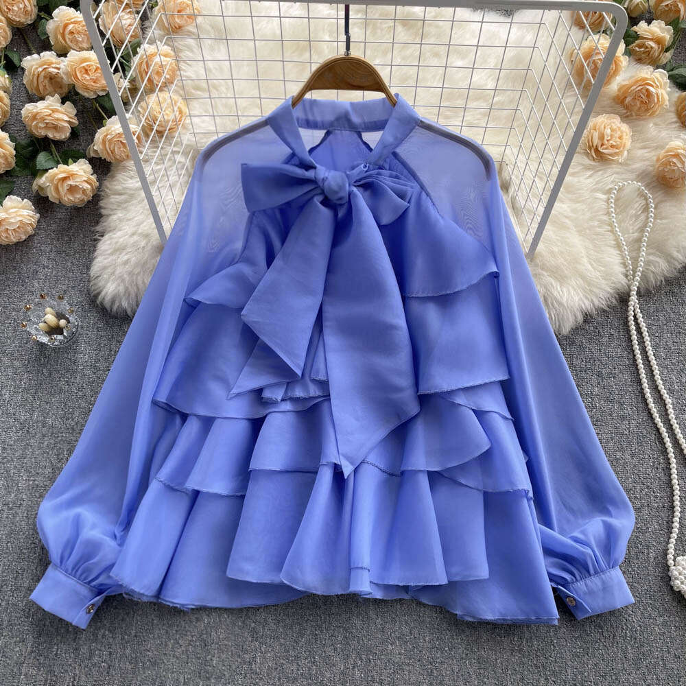 Designer's light luxury high-end women's top for spring and summer 2026, new French niche elegant sweet long sleeved chiffon