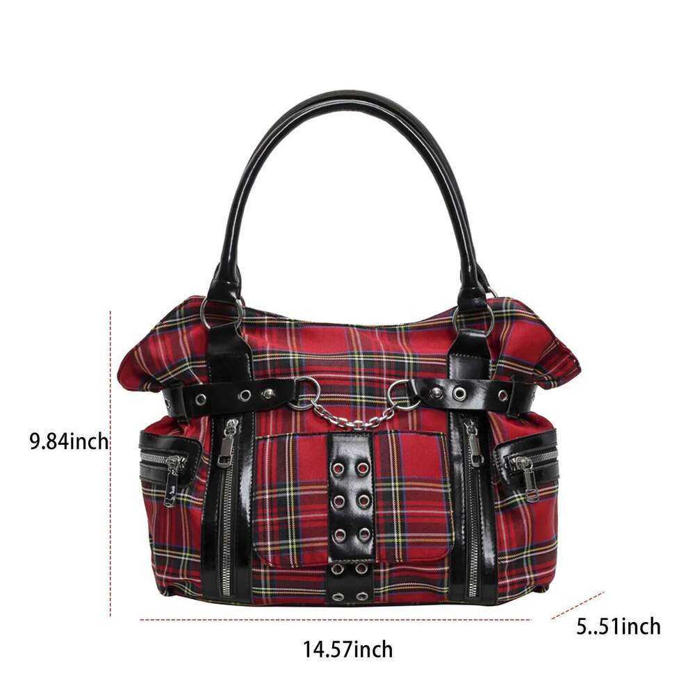 Women Versatile Plaid Tote Multiple Pockets Rivet Motorcycle Stylish Metal Stud Underarm Bag Commute Handbag XJ260306