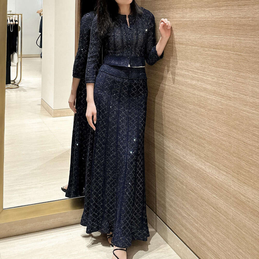 2026 Spring and Summer New French Style Shiny Silk Hollow Stripe A12 Niche Two Piece Women's Fashion Set