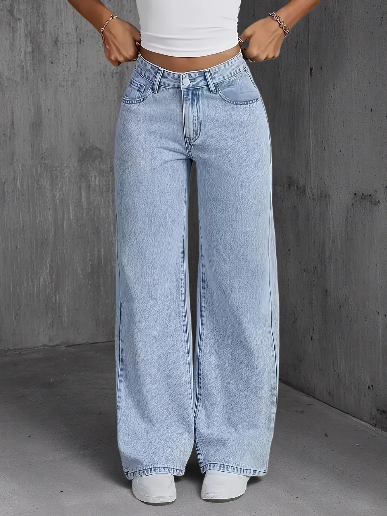 Jeans For Woman Y2k Clothes Light Blue Wide Leg Denim Pants Loose Fashion Simple Stretch Free Four Seasons Casual 260302