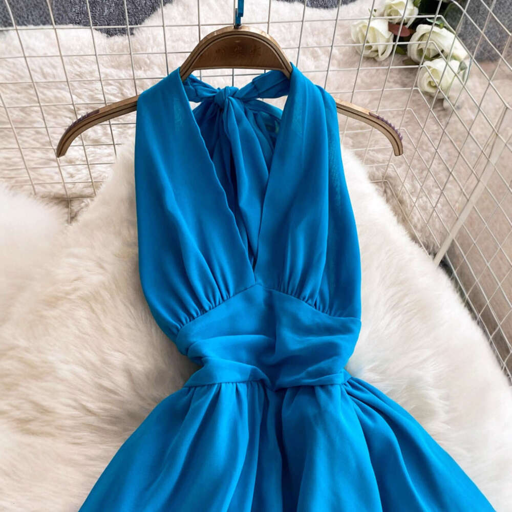 2026 seaside A12 vacation sexy deep V-neck backless dress, summer blue waist cinching slim fit backless dress