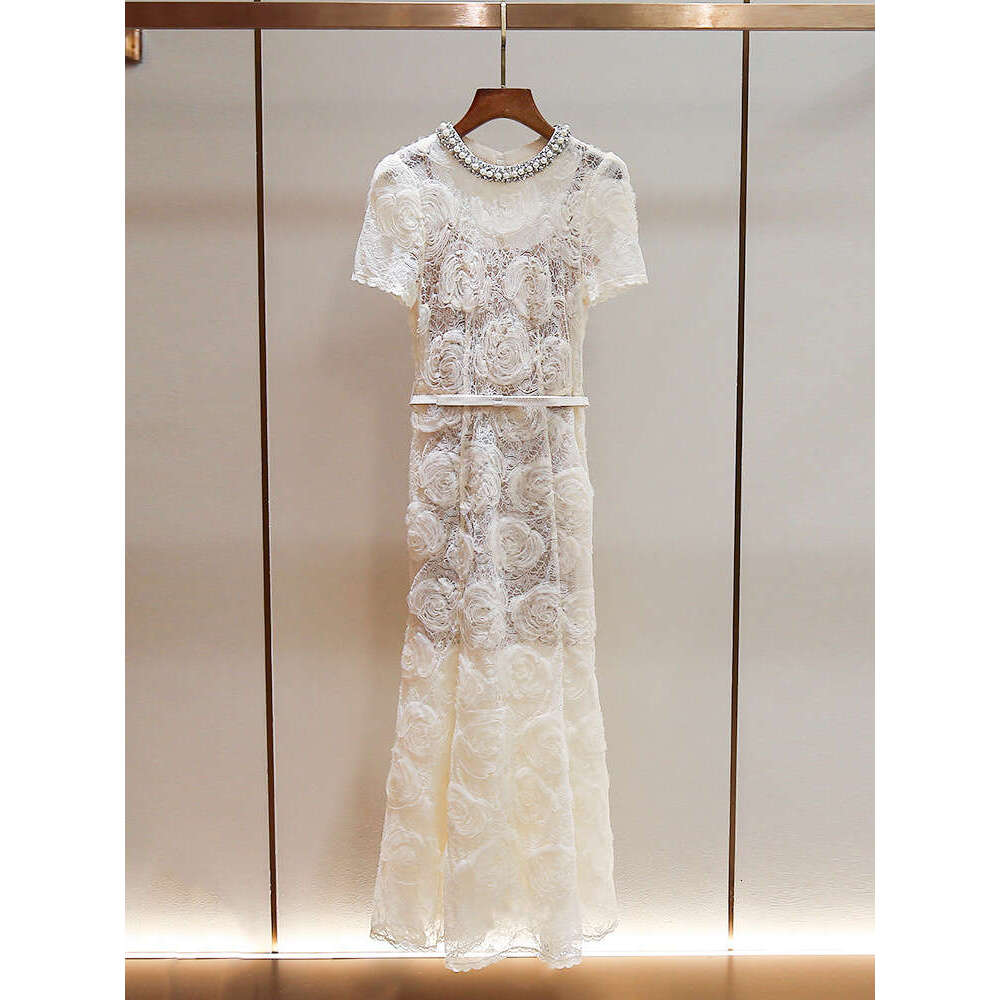 2026 Designer Women's Summer New High end Fashion Heavy Needle Round Neck A15 Lace Medium length Skirt