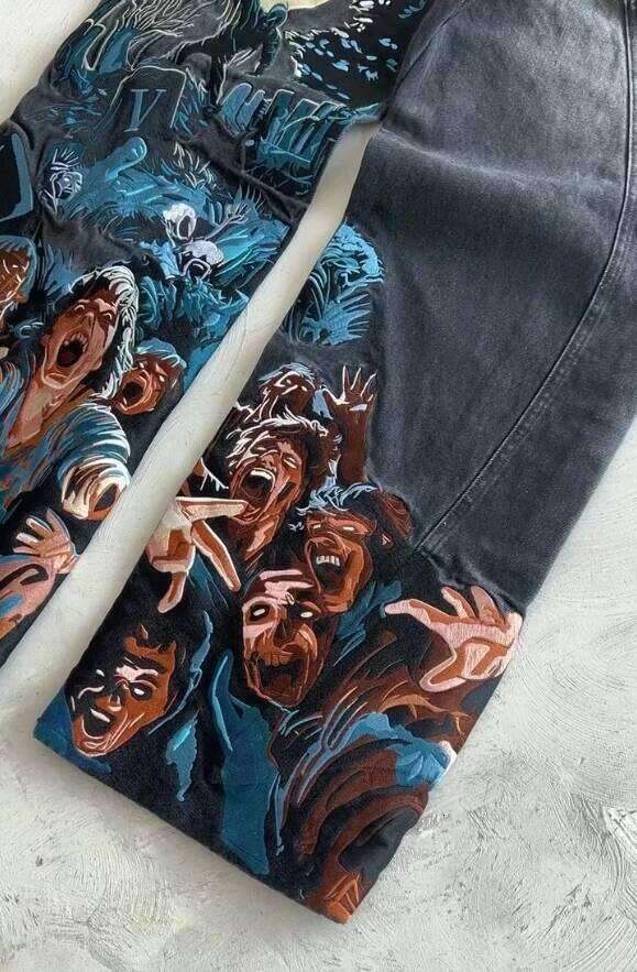 Thriller Zombie Full Embroidery Hip Hop Punk Men Women High Waist Straight Wide Leg Denim Pants Y2k Retro Baggy Jeans C260522