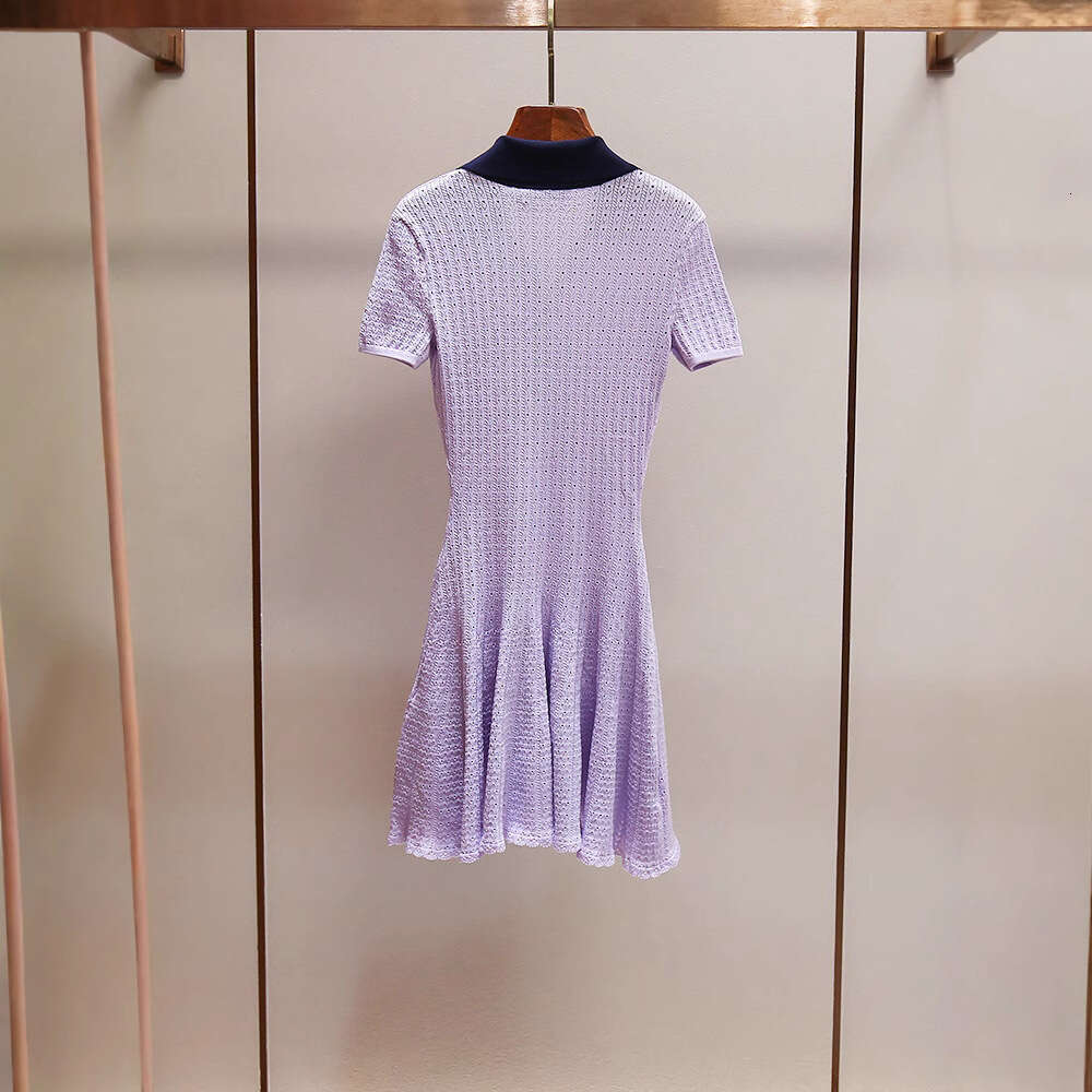 2026 Spring and Summer New Style Elegant Contrastive Color Collar Waist Hollow Short Sleeve Knitted A-line Dress
