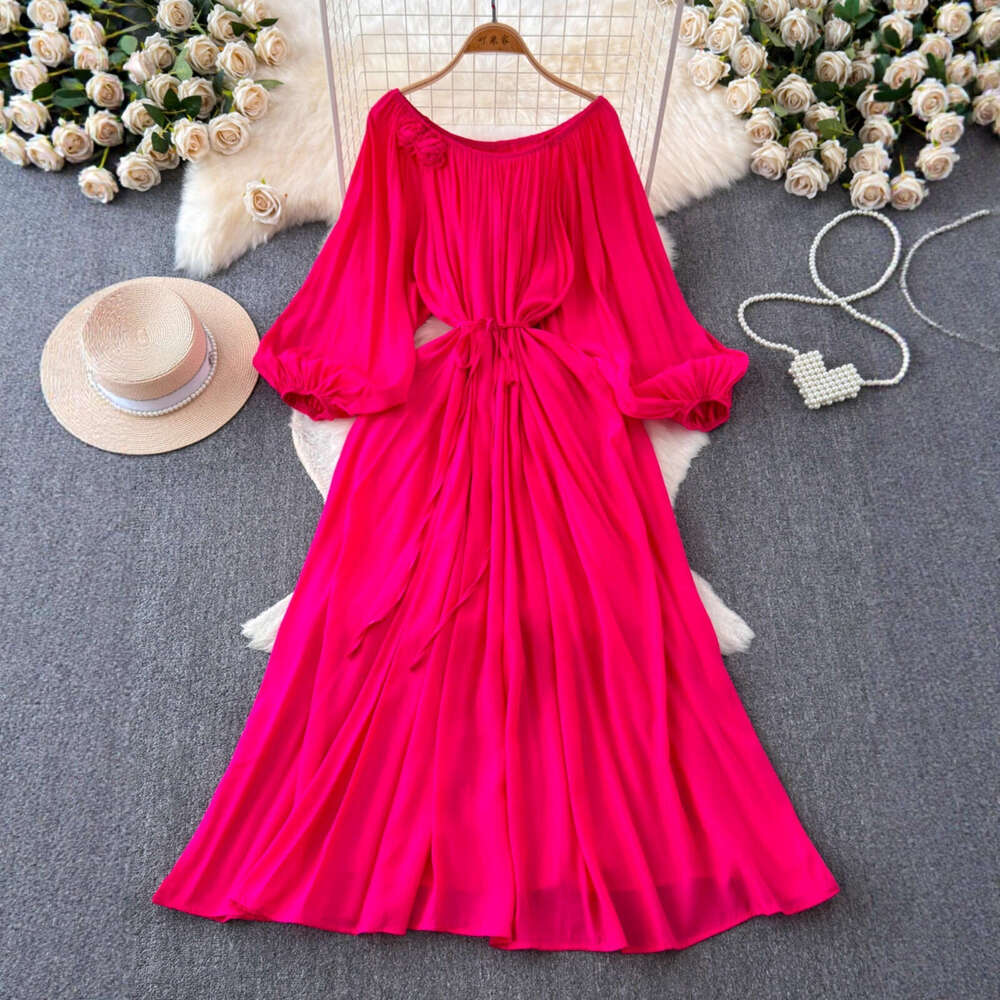 Designer's high-end elegant ladylike temperament fashionable lantern long A12 sleeved round neck waist cinched slimming tie waist A-line smooth d