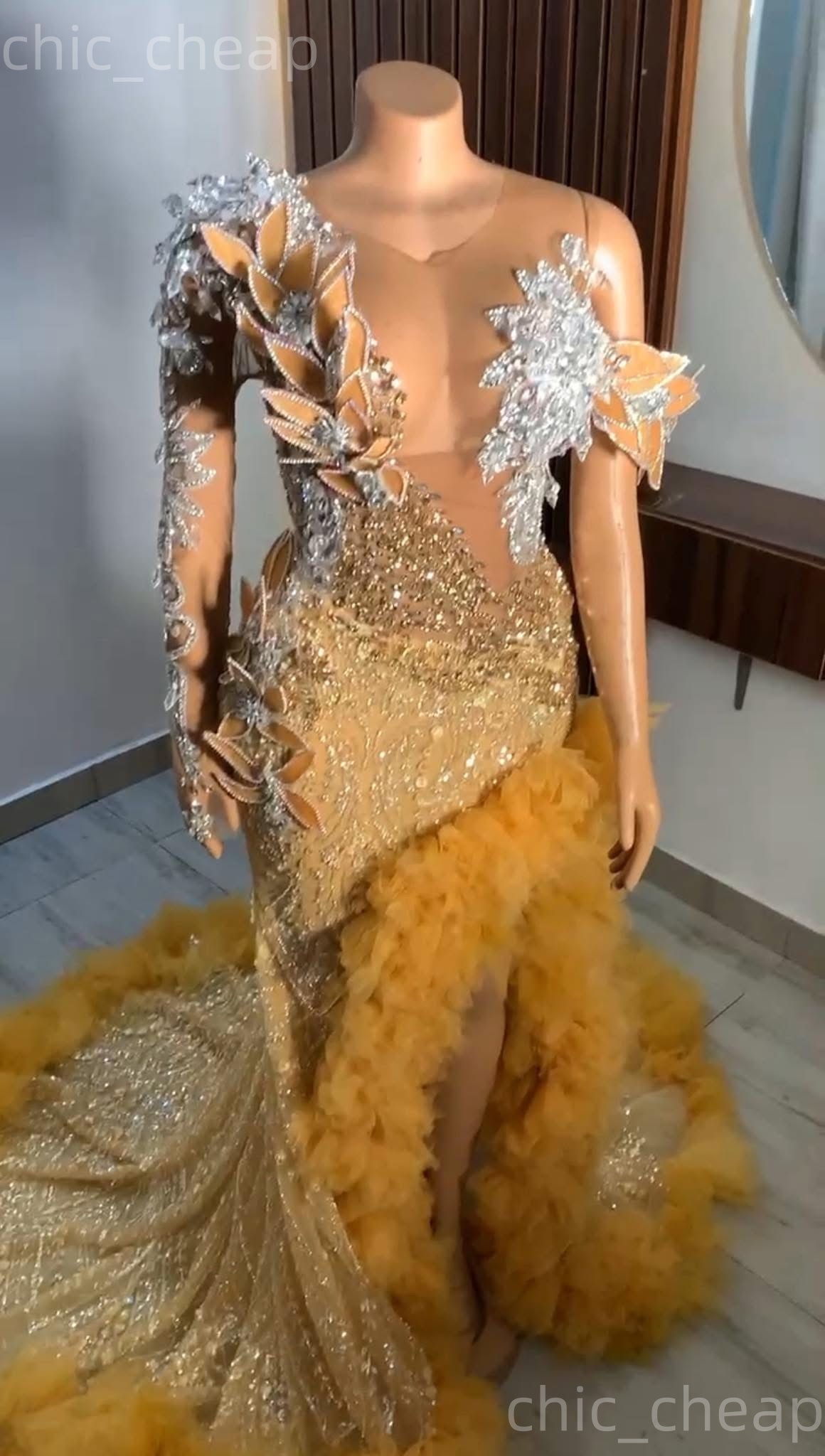 2K26 Gold Prom Dress 2026 Mermaid Prom Dress Sheer Neck Florals Crystals High Split Evening Dresses Birthday Party Formal Receiption Gowns Dresses ZJ0