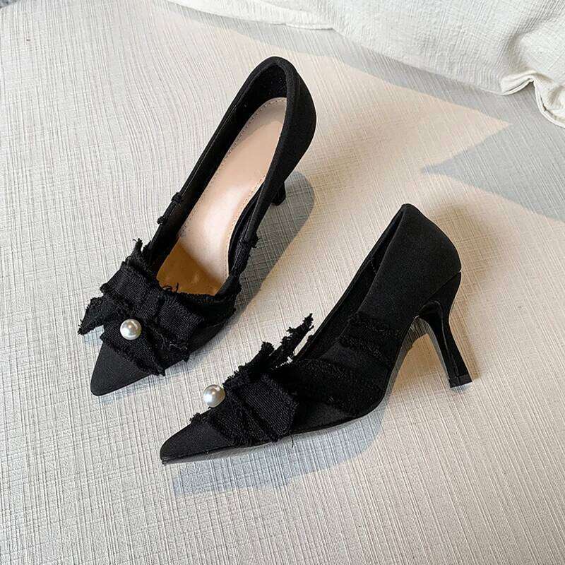 High heels, single shoes, women's pointed bow, pearl, shallow mouth, slim heel, elegant banquet, hundred matching dresses