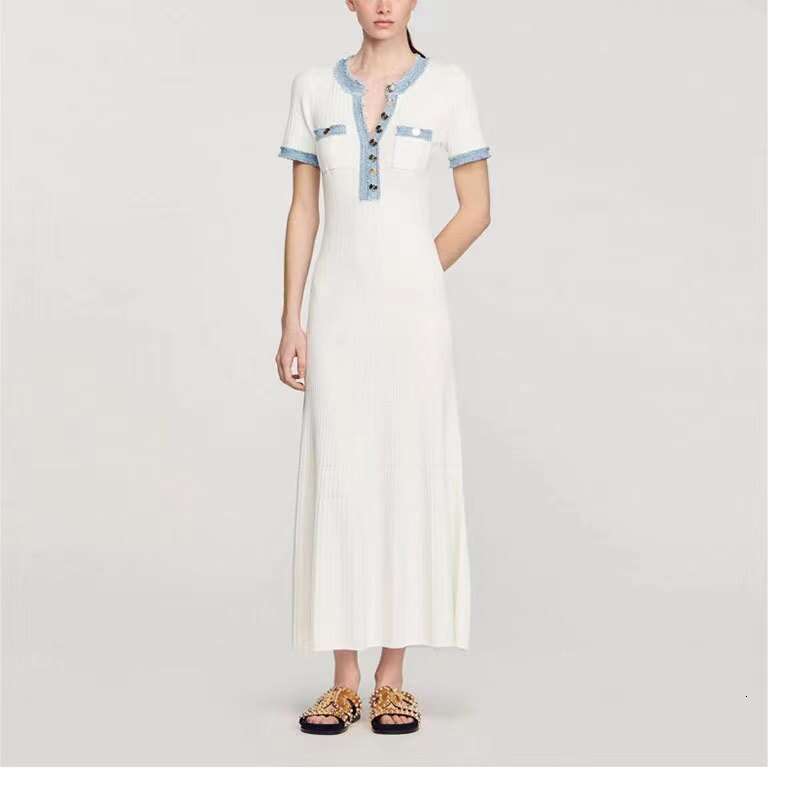 European and American socialite style summer new high-end short-sleeved waist-cinching mid-length dress with half-open collar