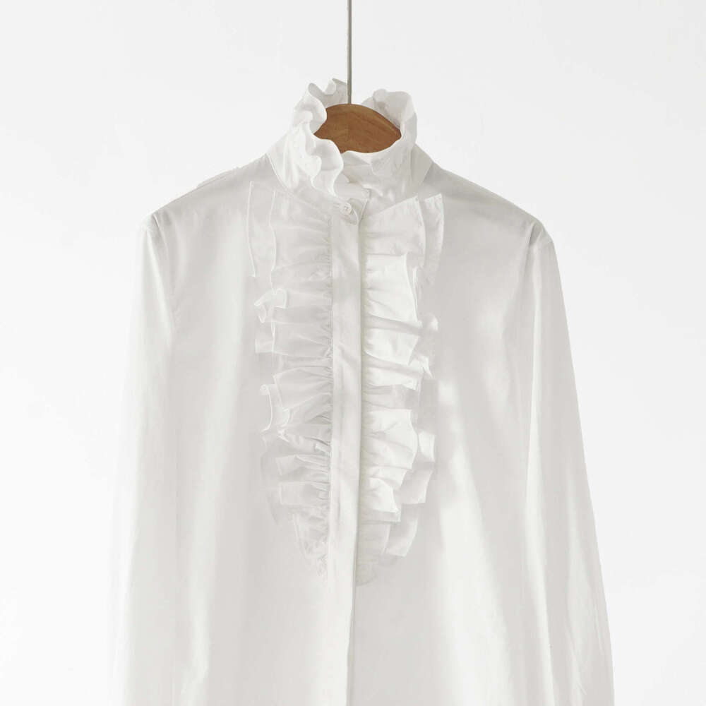 Women's White Shirt Xiaoma Brand 2026 Autumn/Winter New Designer 100% Poplin Cotton Ruffle High Collar Top